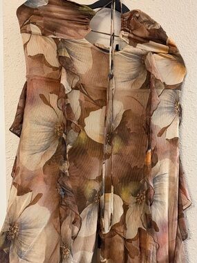 Fashion Nova Brown and Cream Floral Ruffle Maxi Dress
